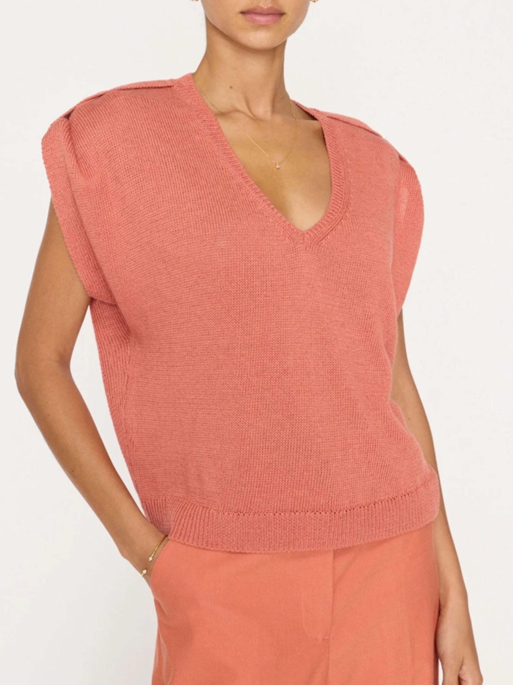 Brochu Walker Frances Linen Cotton V-Neck Short Sleeve Sweater Rio Red